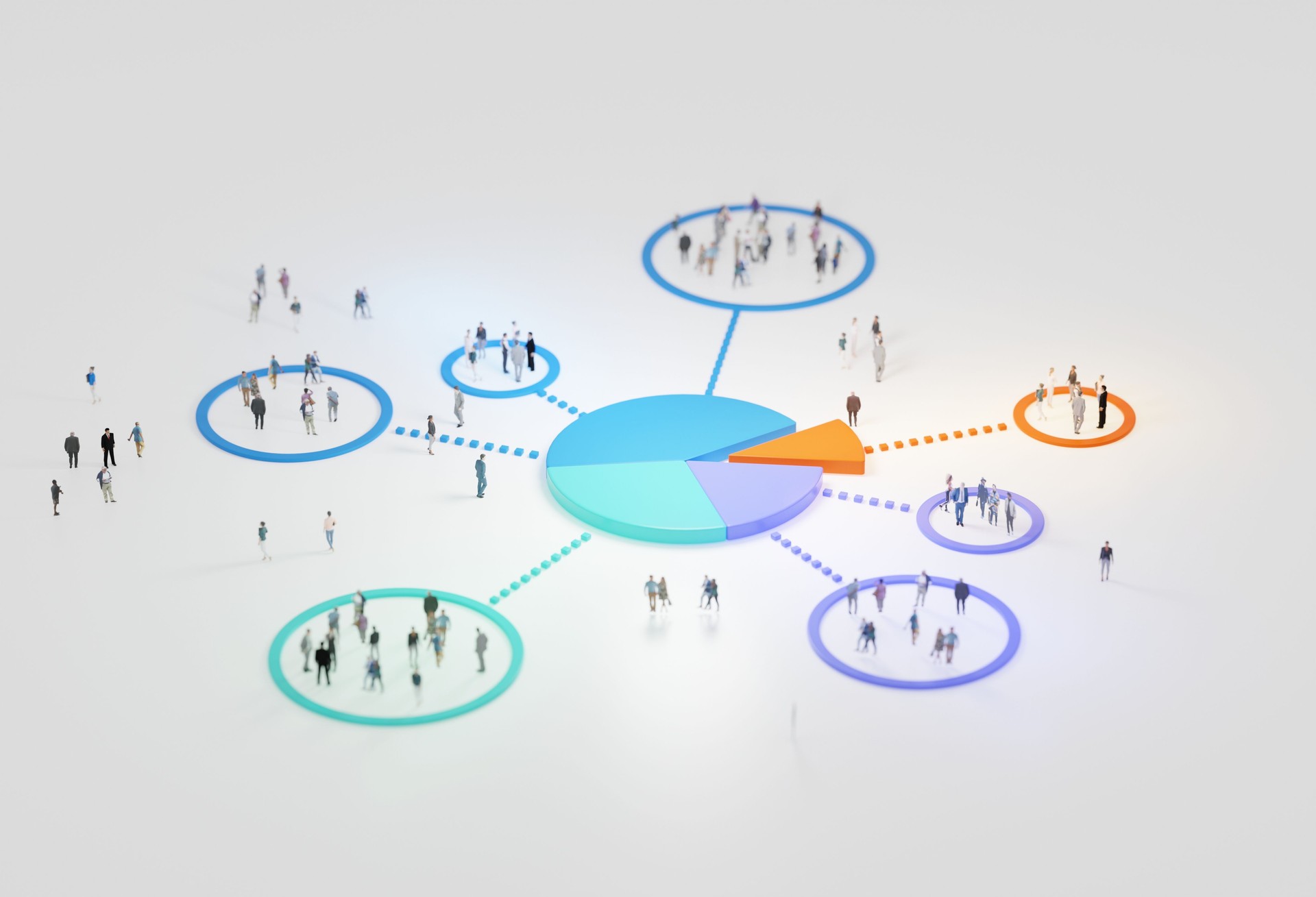 Big data analytics, abstract concept. Pie chart and groups of people on a white background. Digital 3D rendering.